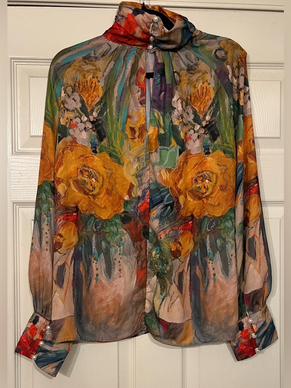 Floral Puff-Sleeve High-Neck Blouse in Multi - Picture 4 of 4
